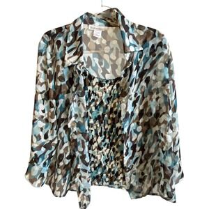Dressbarn Womens 2 Piece Tank Blouse Set Blue Brown Abstract Sheer XL Career